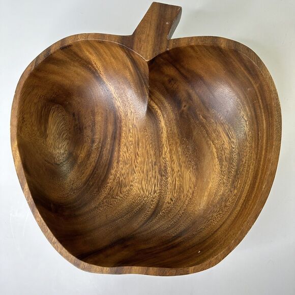 Vintage Wooden Serving Bowl Apple Shaped Fork Spoon Utensils Salad Pumpkin - Picture 2 of 16